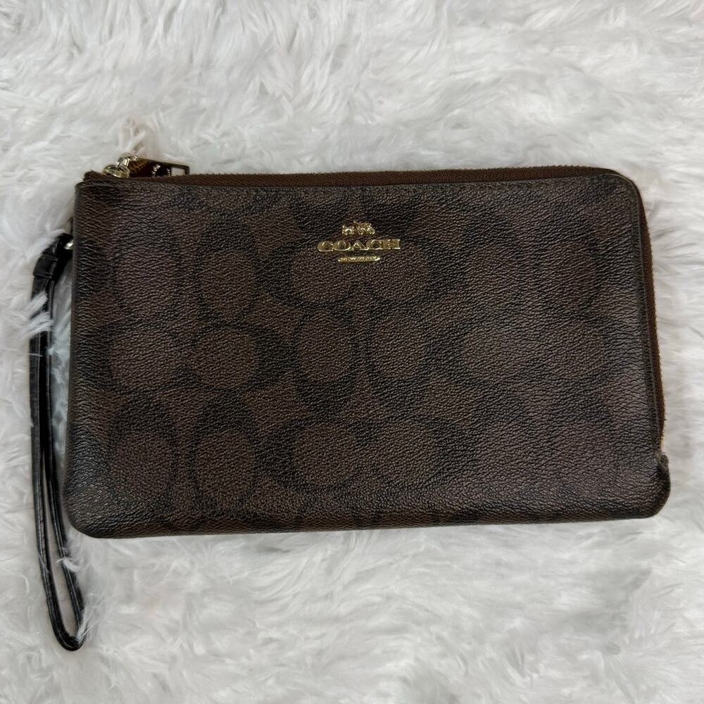 COACH Brown Signature Coated Canvas Double Zipper Wristlet